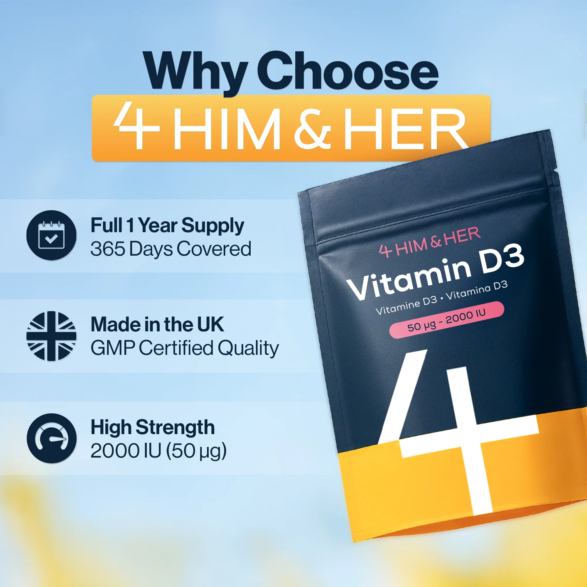 4 HIM & HER Vitamin D3 50ug (2000IU) Cholecalciferol 1 Year's Supply 365 Tablets - Image 7