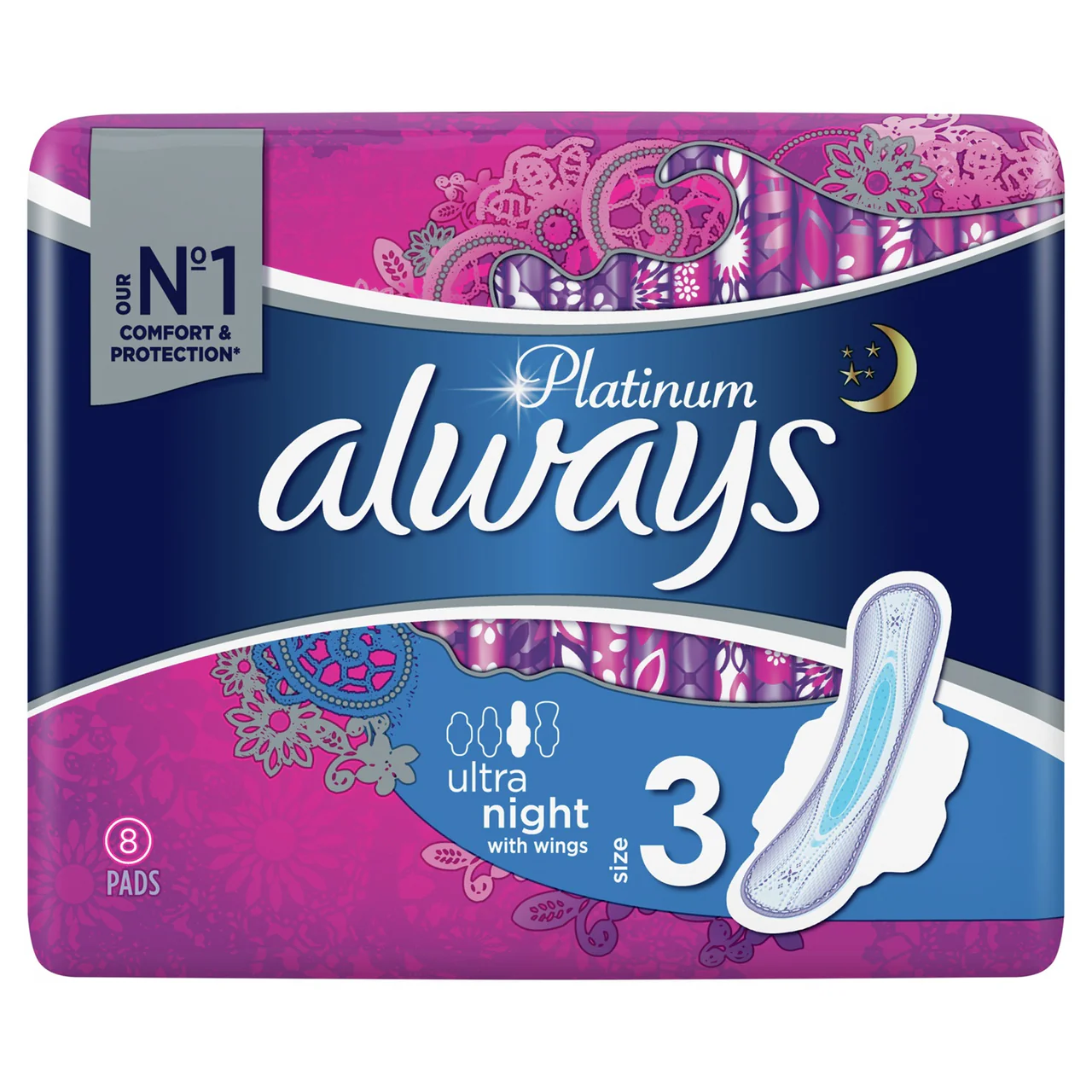 Always Platinum Night Pads with Wings 8 Pads