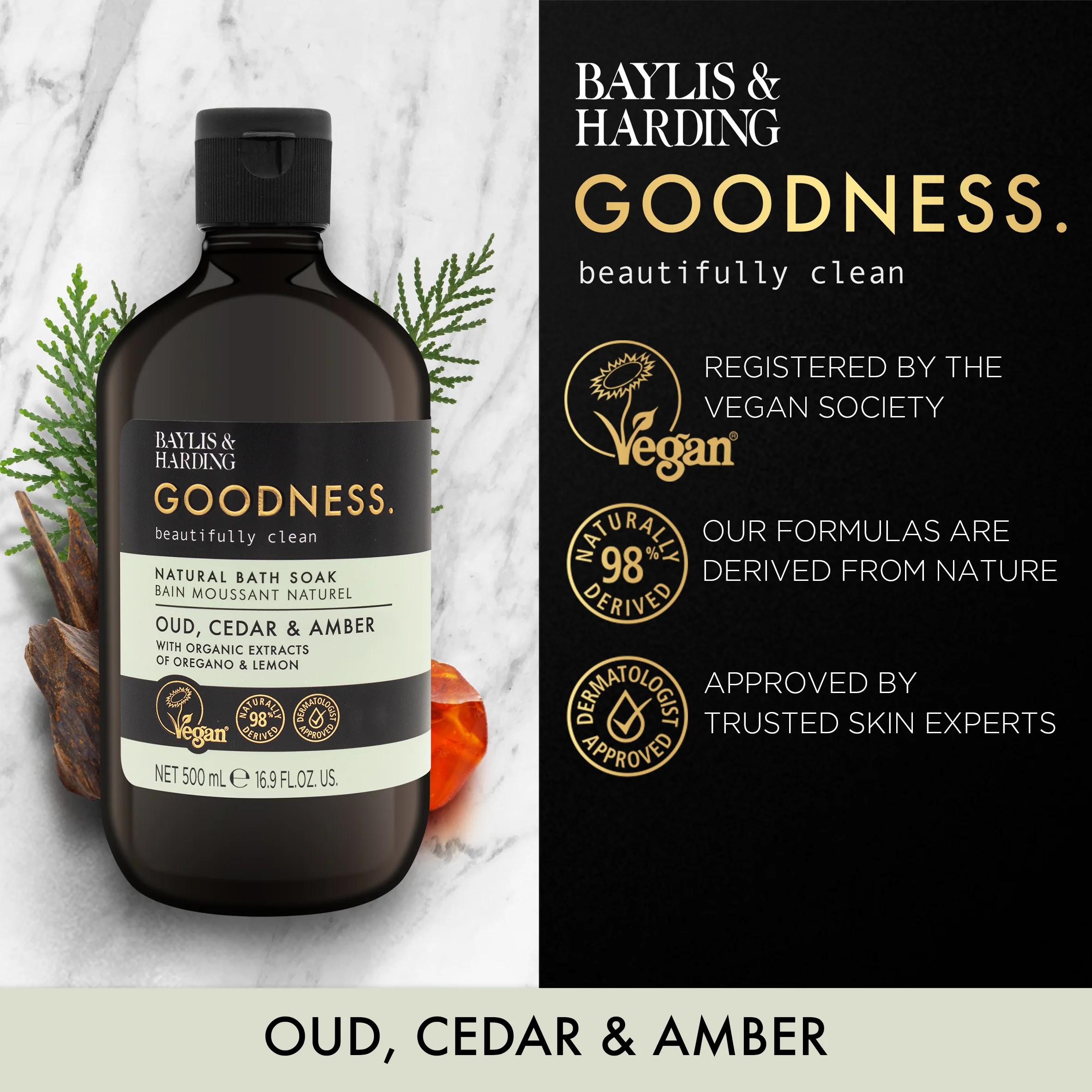 Baylis & Harding Goodness Oud, Cedar & Amber Bath Soak 500ml - Image 2