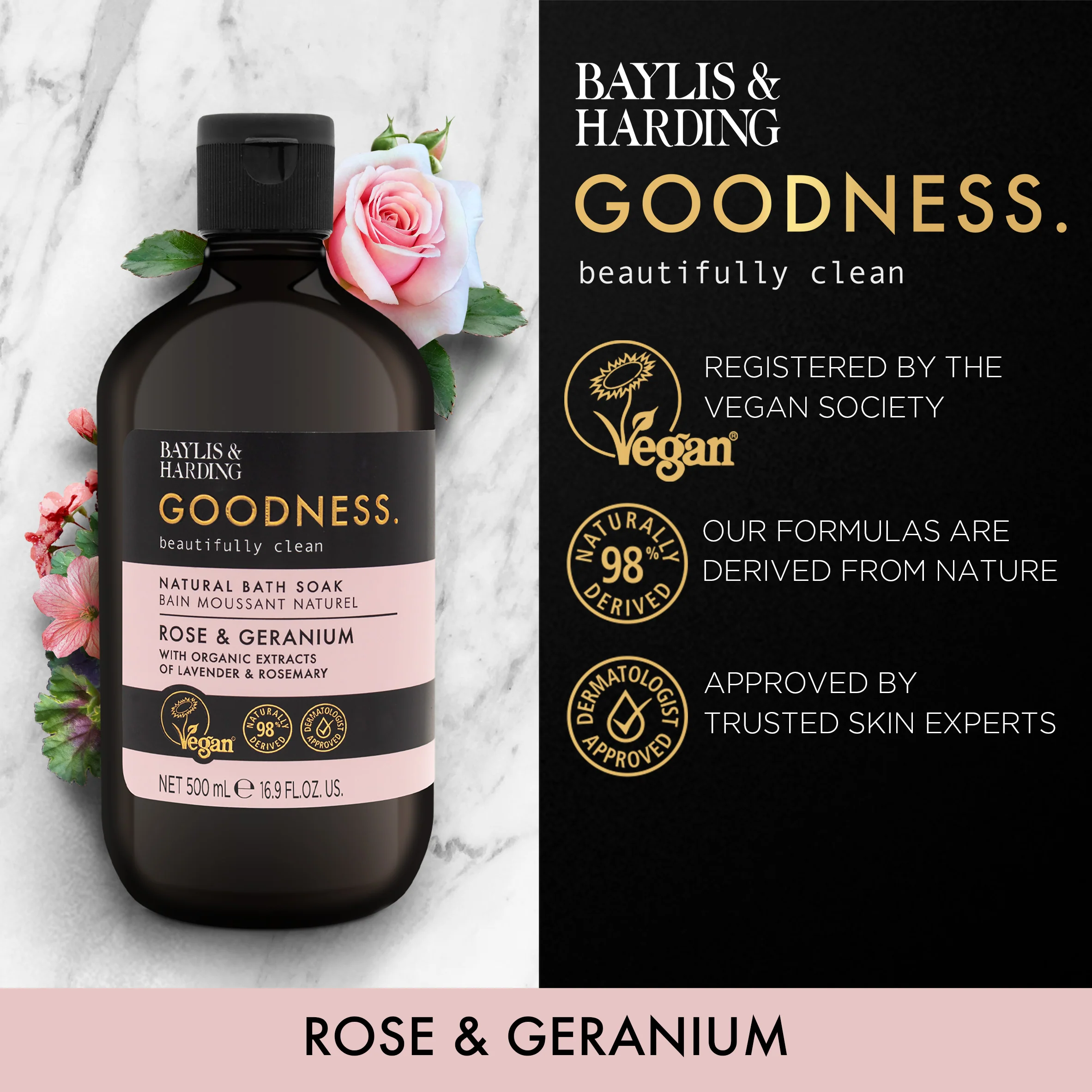 Baylis & Harding Goodness Rose & Geranium Bath Soak 500ml - Image 2