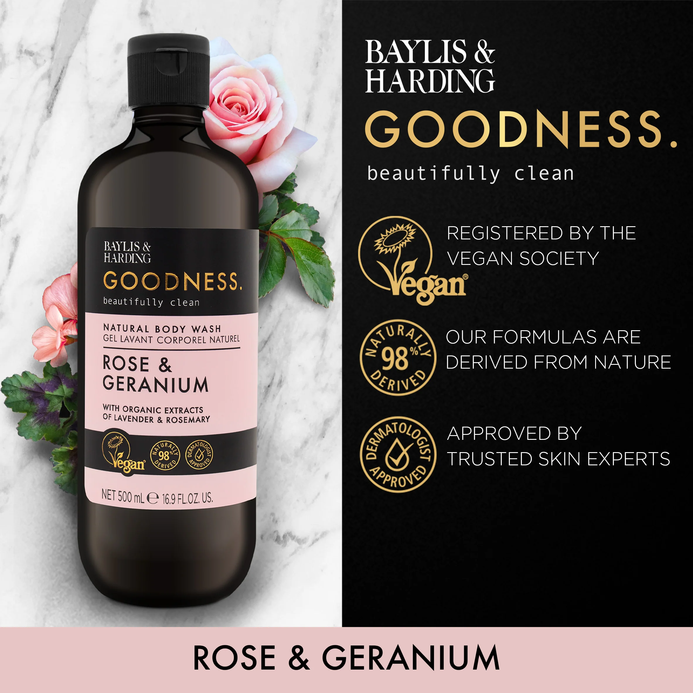 Baylis & Harding Goodness Rose & Geranium Body Wash 500ml - Image 2