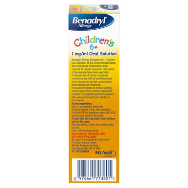 Benadryl Allergy Children's 6+ 1mg/ml Oral Solution 60ml - Image 2