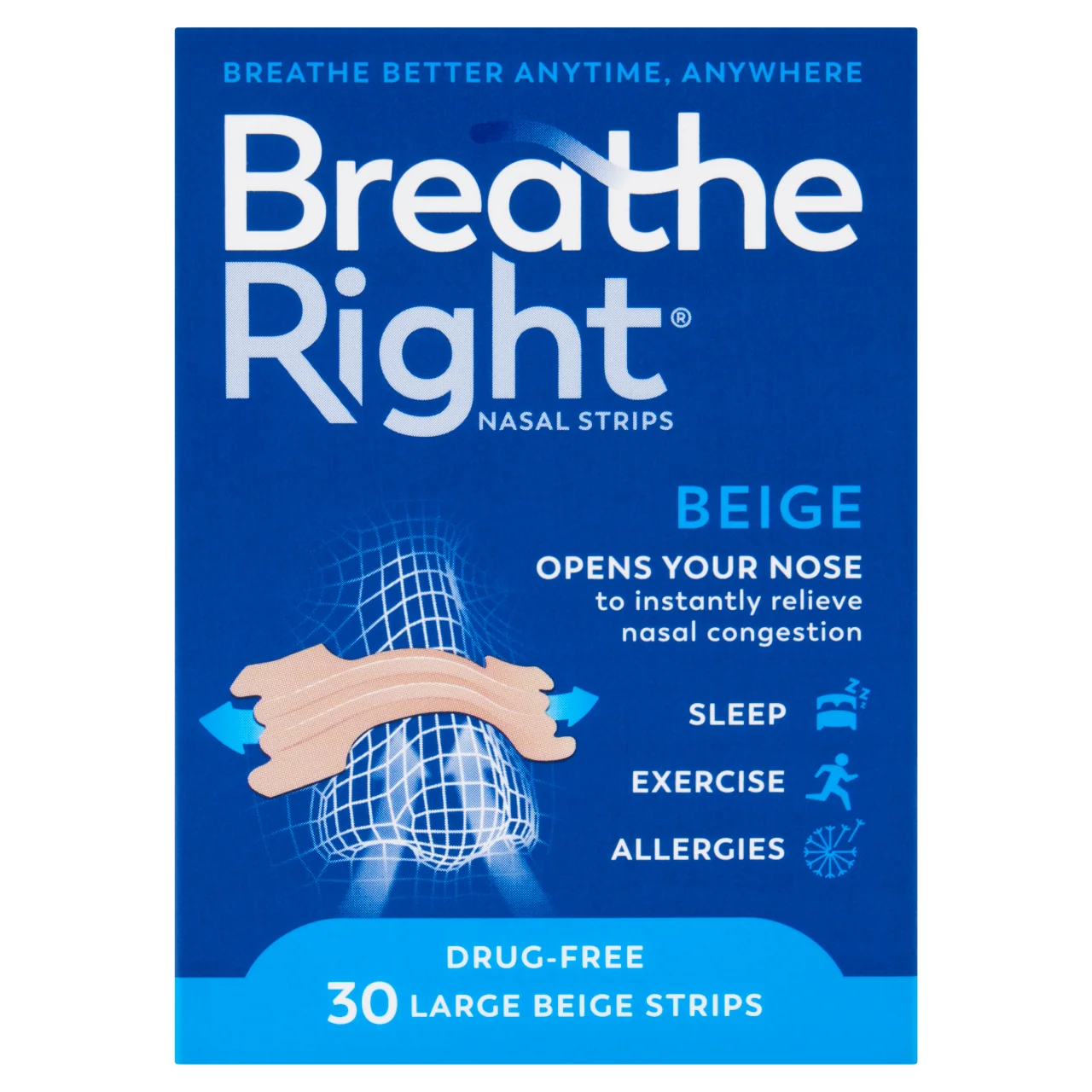 Breathe Right Congestion Relief Nasal Strips Beige Large 30 Strips
