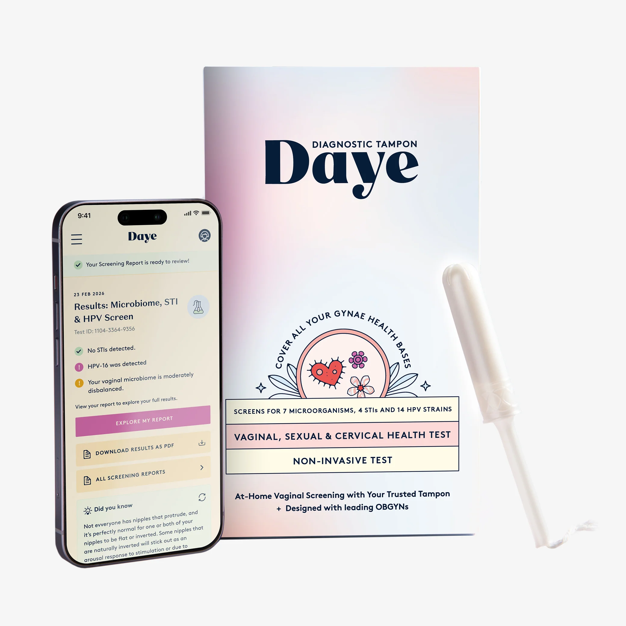 Daye At-Home Comprehensive Vaginal Health Test Kit (Microbiome, HPV & STI) Full Panel Screening with Diagnostic Tampon
