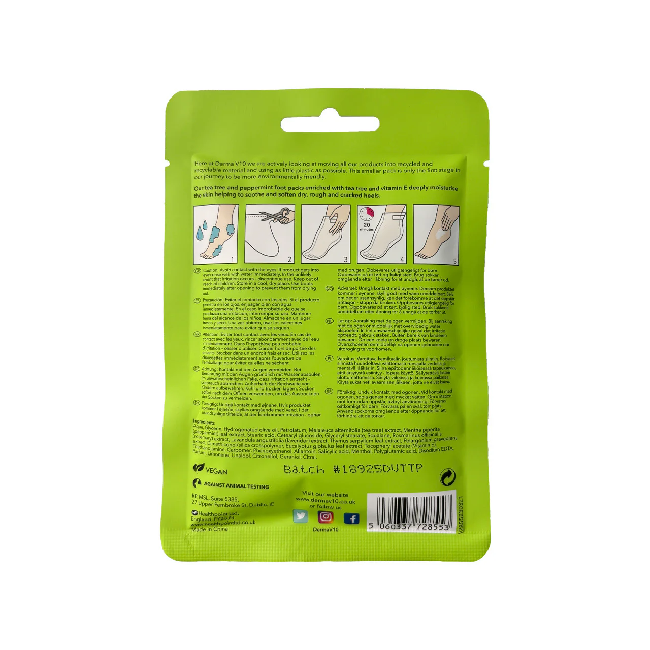DermaV10 Deep Moisturising Foot Packs Tea Tree & Peppermint 1 Pair - Image 2