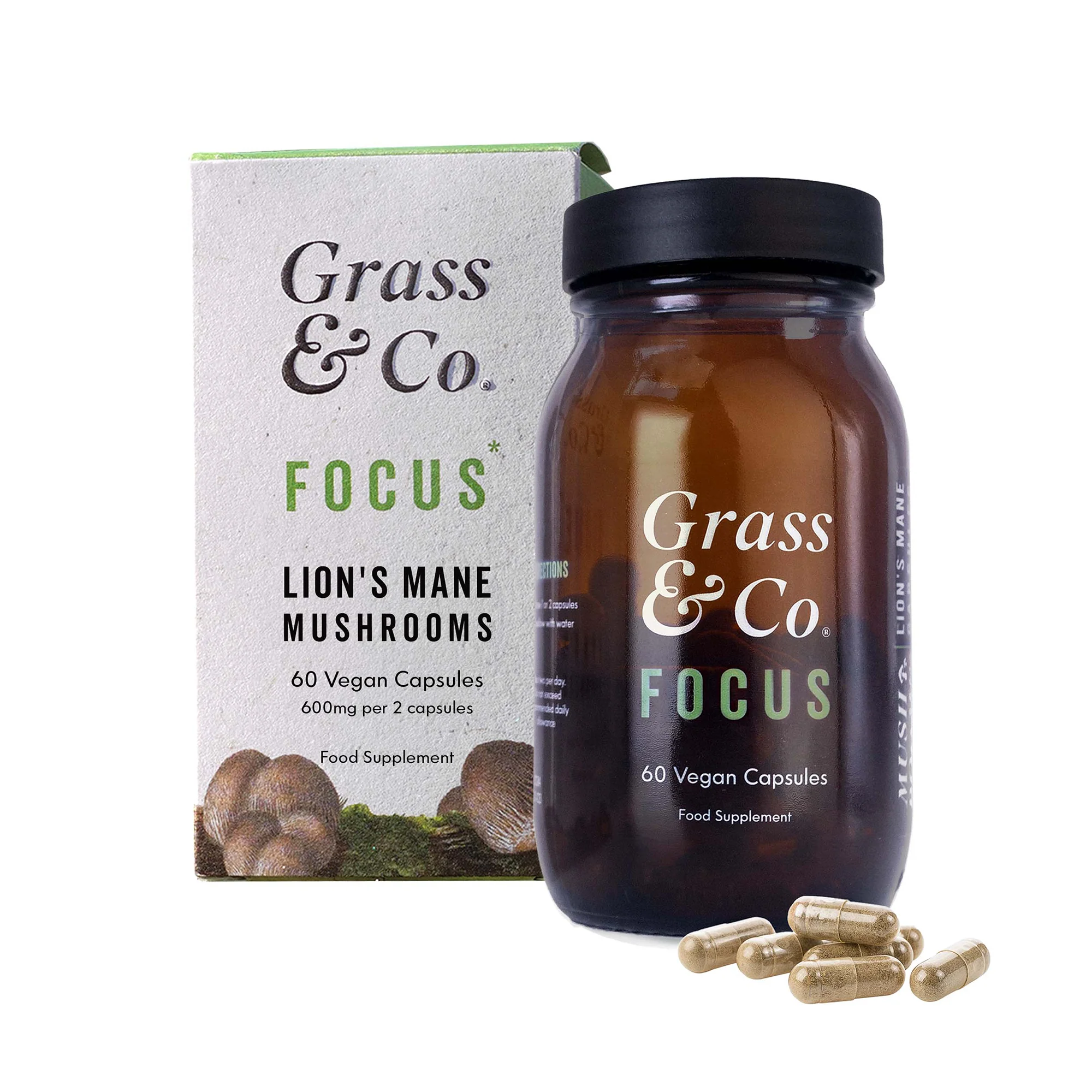 Grass & Co. FOCUS Lion's Mane Mushrooms with Ginseng + Omega-3 60 Vegan Capsules - Image 2