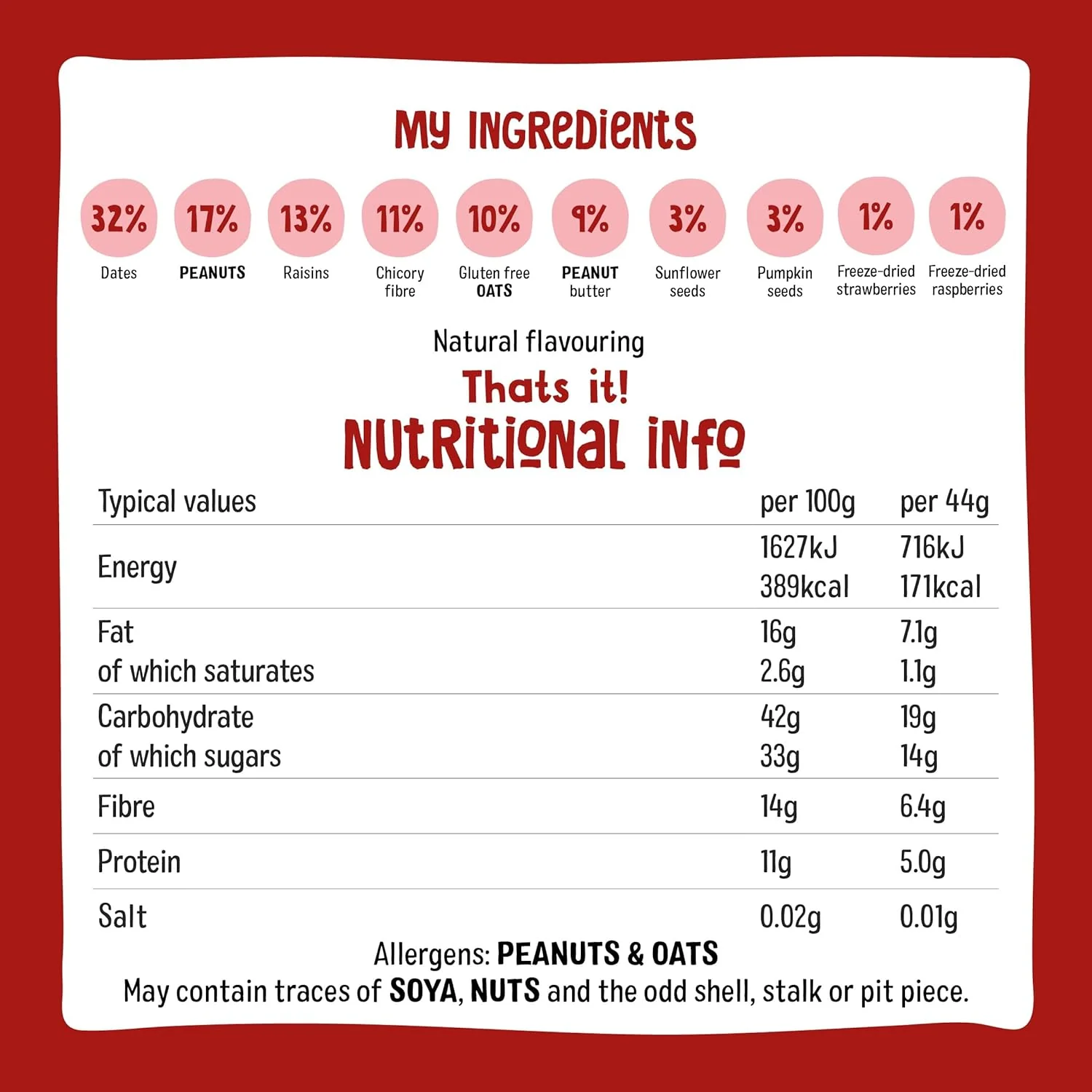 Nakd. Fruit & Fibre Strawberry & Raspberry 16x44g - Image 2