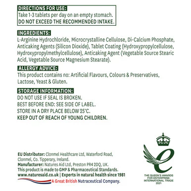 Natures Aid L-Arginine HCl 750mg 90 Tablets - Image 2