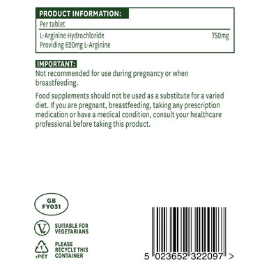 Natures Aid L-Arginine HCl 750mg 90 Tablets - Image 3
