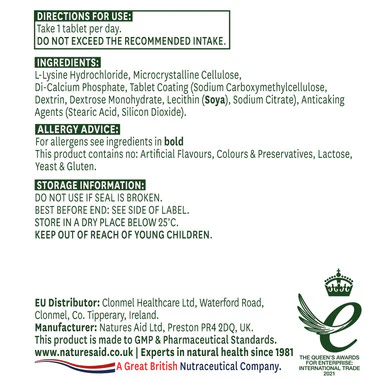 Natures Aid L-Lysine 1000mg 60 Tablets - Image 2