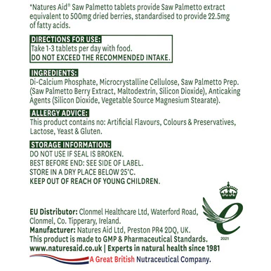 Natures Aid Saw Palmetto 500mg 90 Tablets - Image 2