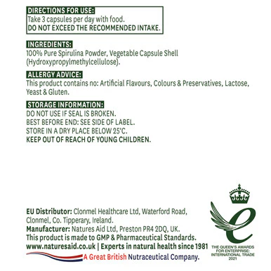 Natures Aid Spirulina 500mg 90 Capsules - Image 2