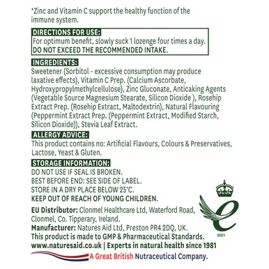 Natures Aid Zinc Lozenge (Peppermint) with Rosehip + Vitamin C 30 Pack - Image 2