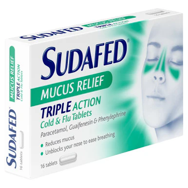 Sudafed Mucus Relief Triple Action Cold and Flu 16 Tablets - Image 3